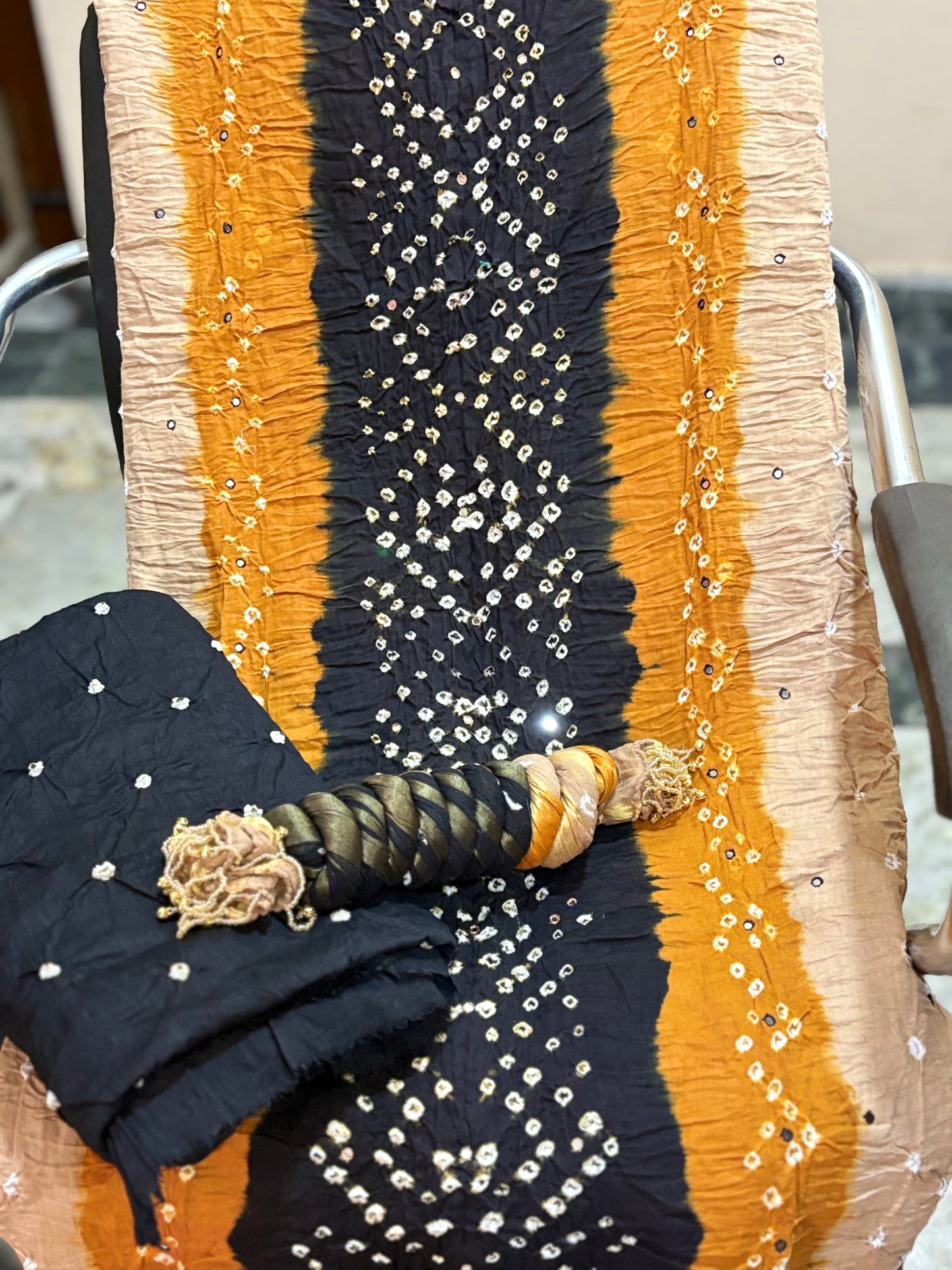 Black and Mustard | Three Piece | Bandhini | Unstitched Cotton Suit Set