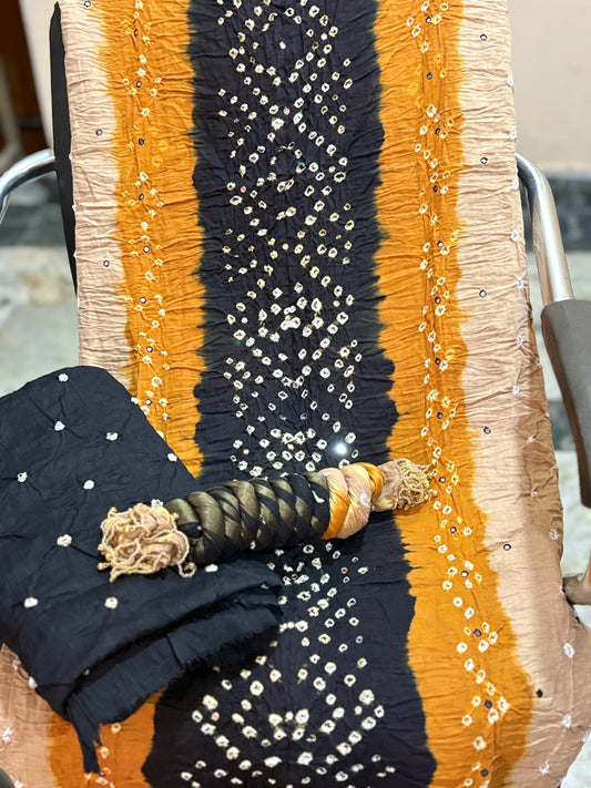 Black and Mustard | Three Piece | Bandhini | Unstitched Cotton Suit Set