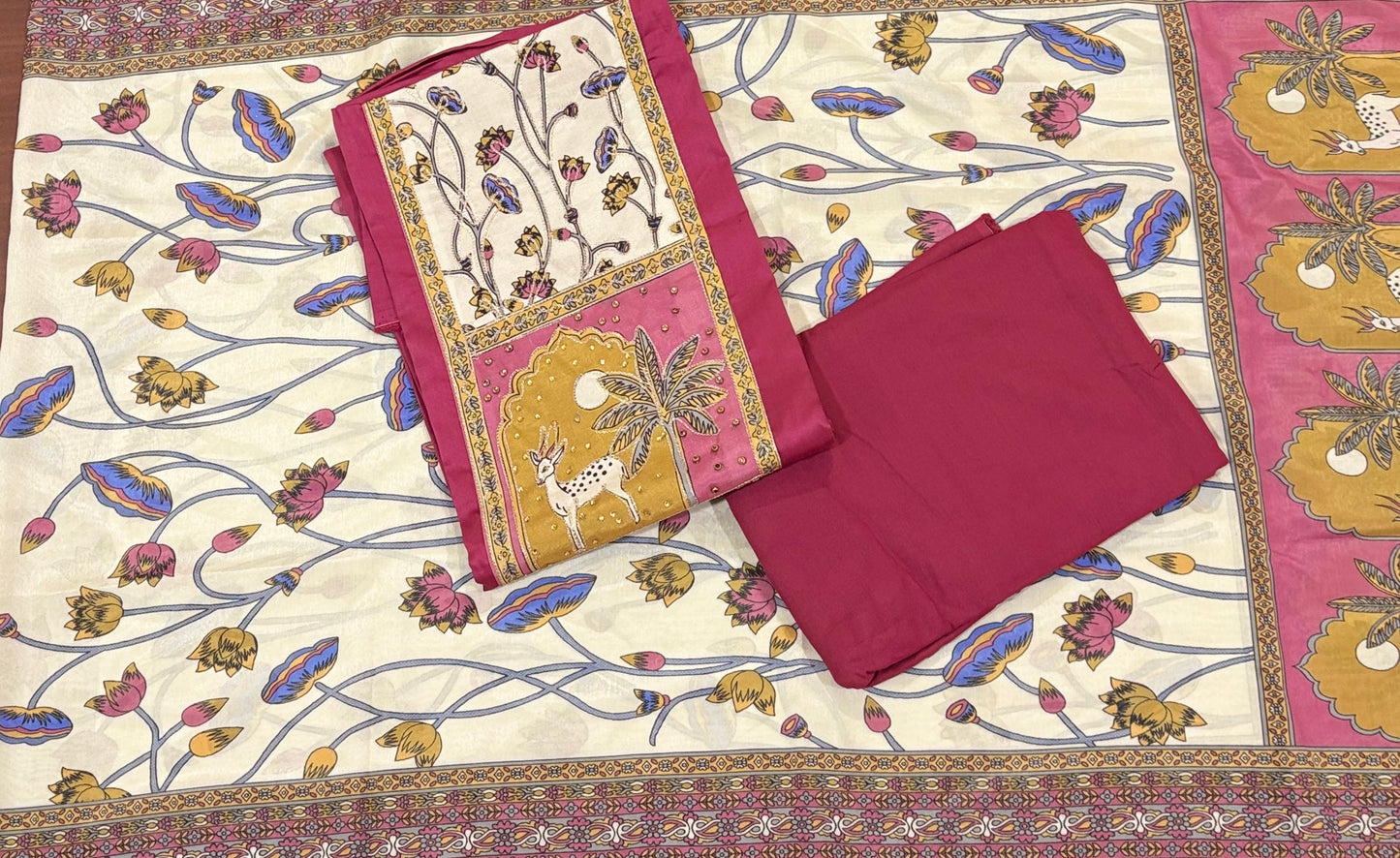 Onion Pink | Three Piece | Kalam Kari | Unstitched Cotton Suit Set
