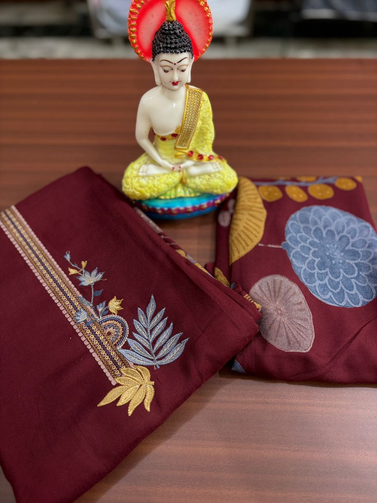 Floral Print Maroon Embroidered | Three Piece | Pashmina | Unstitched Woolen Suit Set