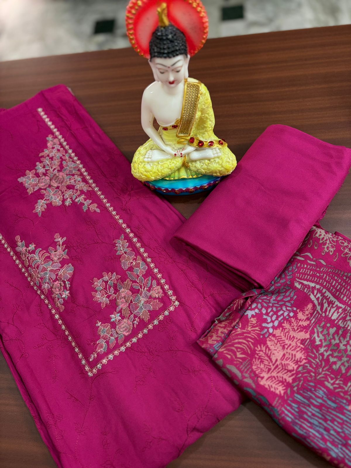 Magenta with Japanese Cherry Blossom | Three Piece | Pashmina | Unstitched Woolen Suit Set
