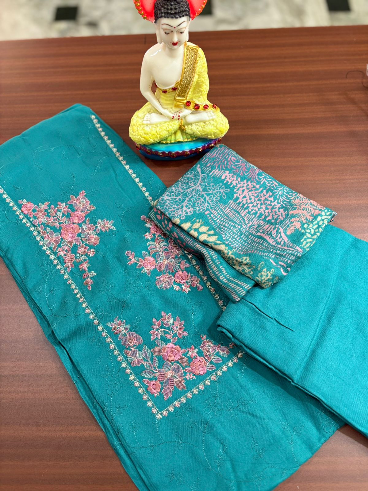 Sky Blue with Japanese Cherry Blossom | Three Piece | Pashmina | Unstitched Woolen Suit Set