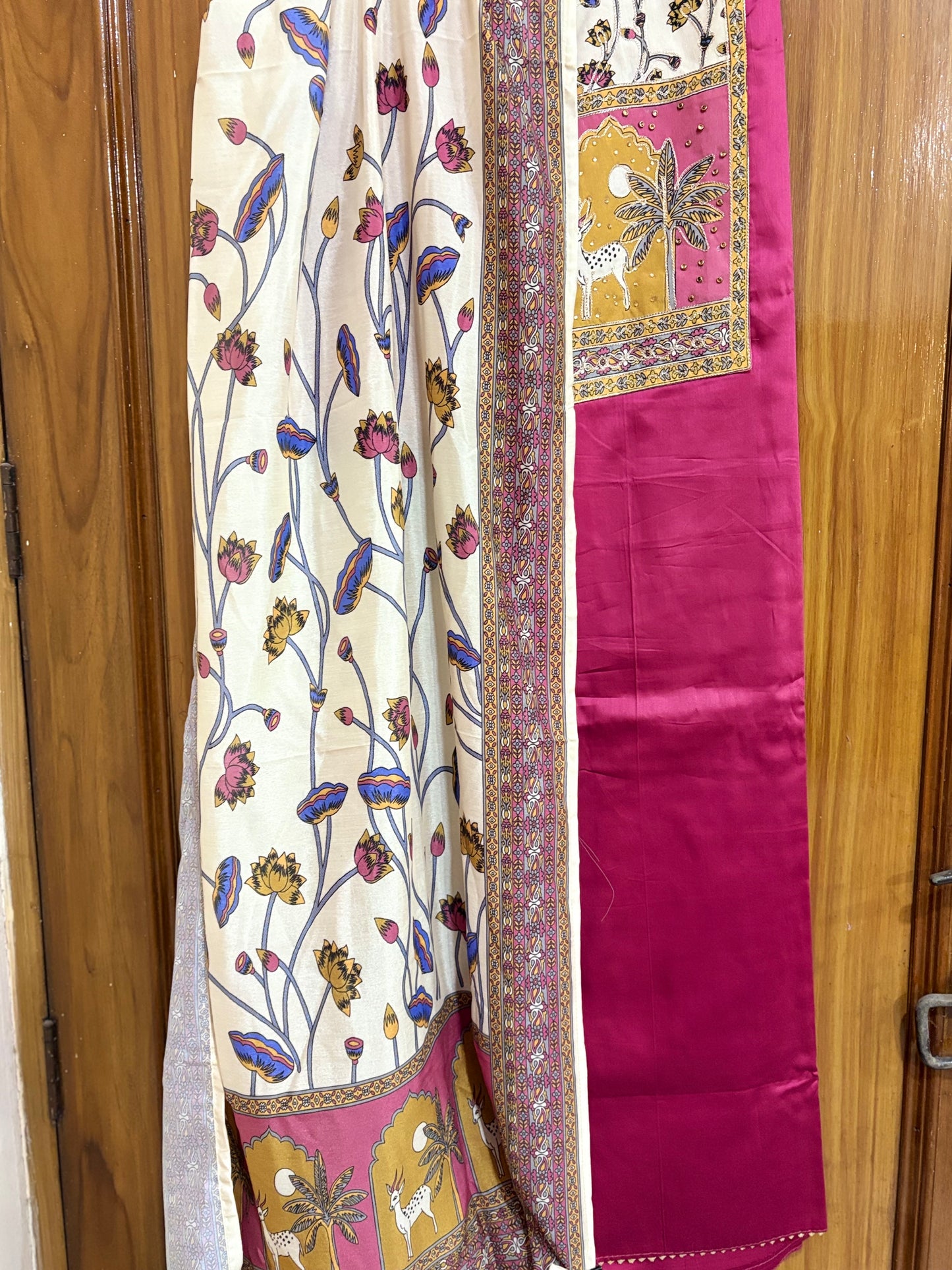 Onion Pink | Three Piece |  Kalam Kari | Unstitched Cotton Suit Set