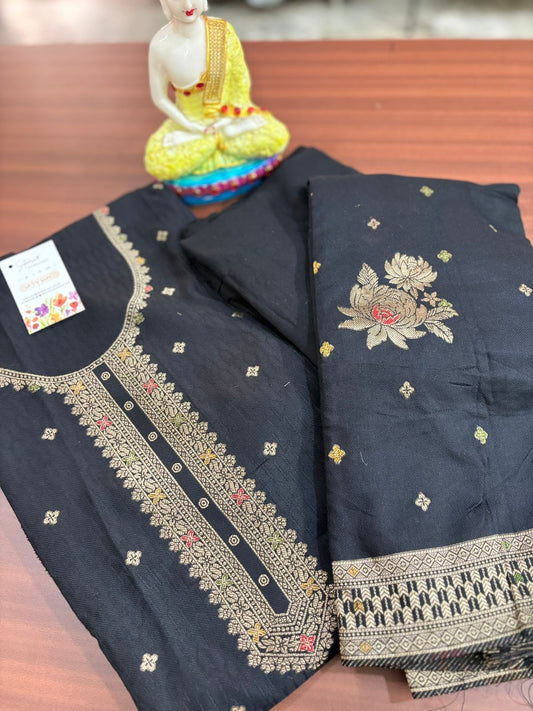 Black and Gold | Three Piece |  Pashmina | Unstitched Woolen Suit Set