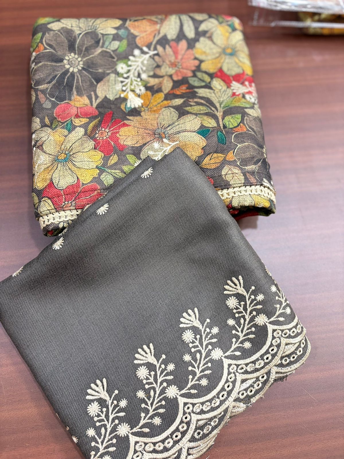 Floral Print Grey Embroidered | Three Piece |  Pashmina | Unstitched Woolen Suit Set