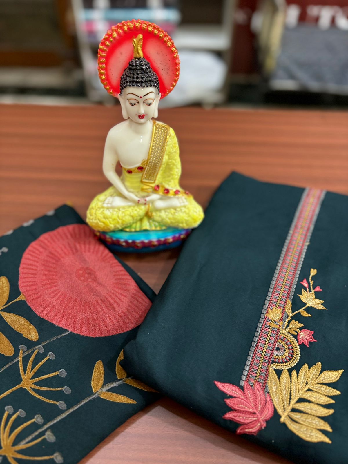 Floral Print Navy Green Embroidered | Three Piece |  Pashmina | Unstitched Woolen Suit Set