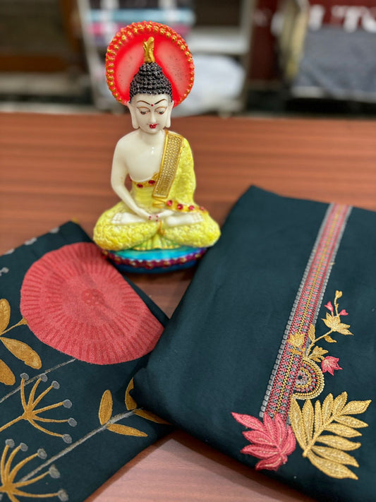 Floral Print Navy Green Embroidered | Three Piece |  Pashmina | Unstitched Woolen Suit Set