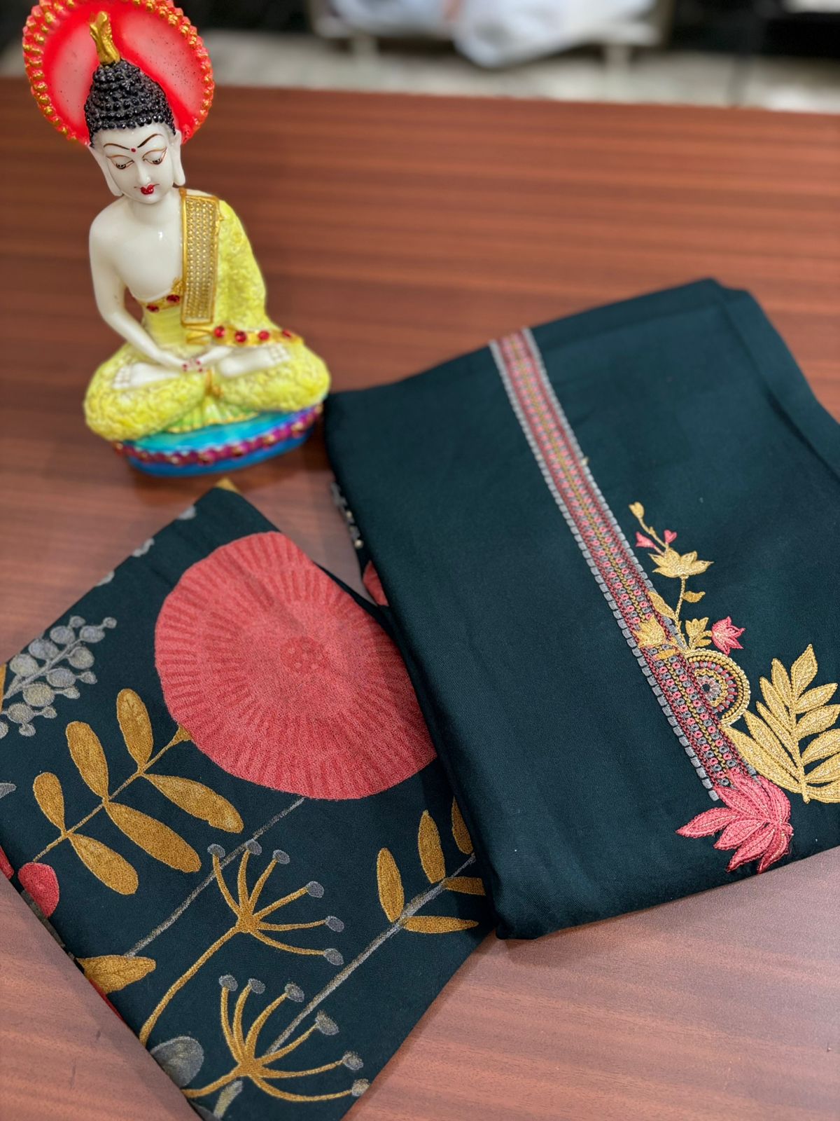 Floral Print Navy Green Embroidered | Three Piece |  Pashmina | Unstitched Woolen Suit Set