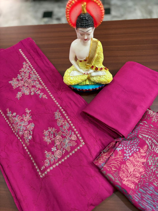 Magenta with Japanese Cherry Blossom | Three Piece |  Pashmina | Unstitched Woolen Suit Set