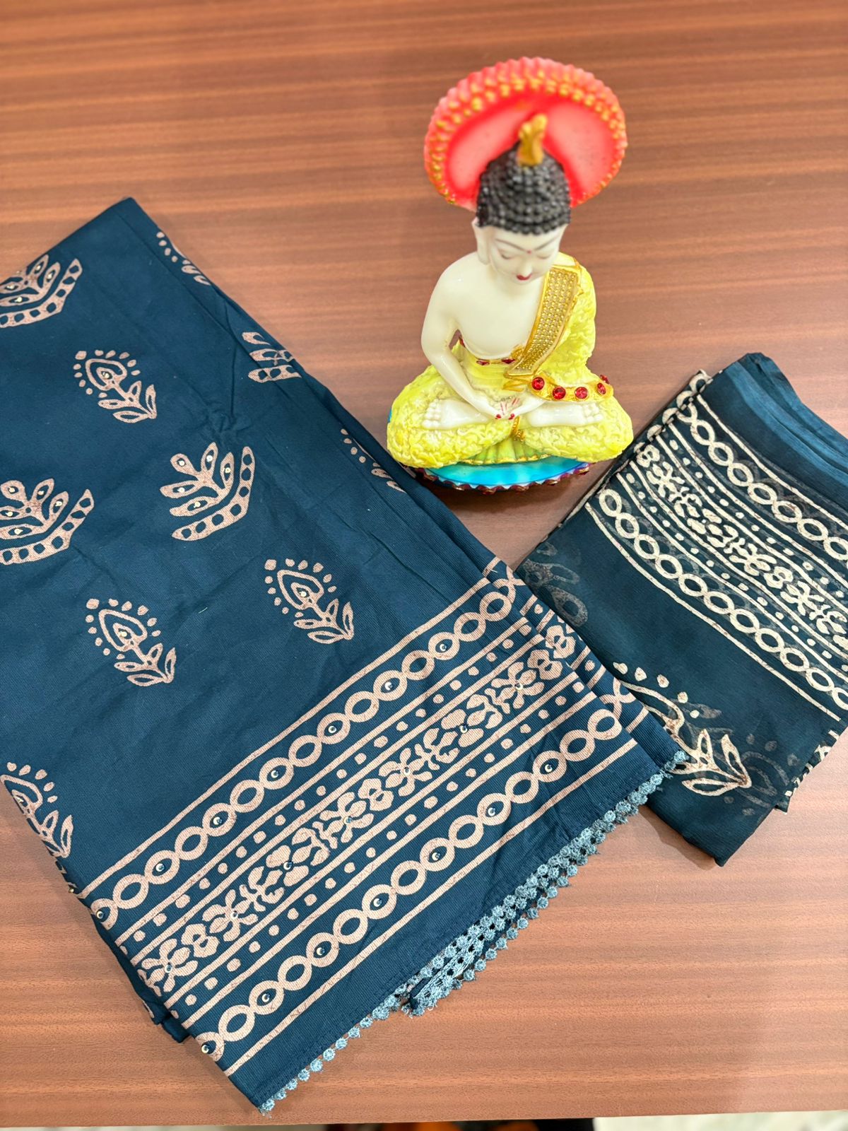 Peacock Blue Handblock | Three Piece |  Pashmina | Unstitched Woolen Suit Set