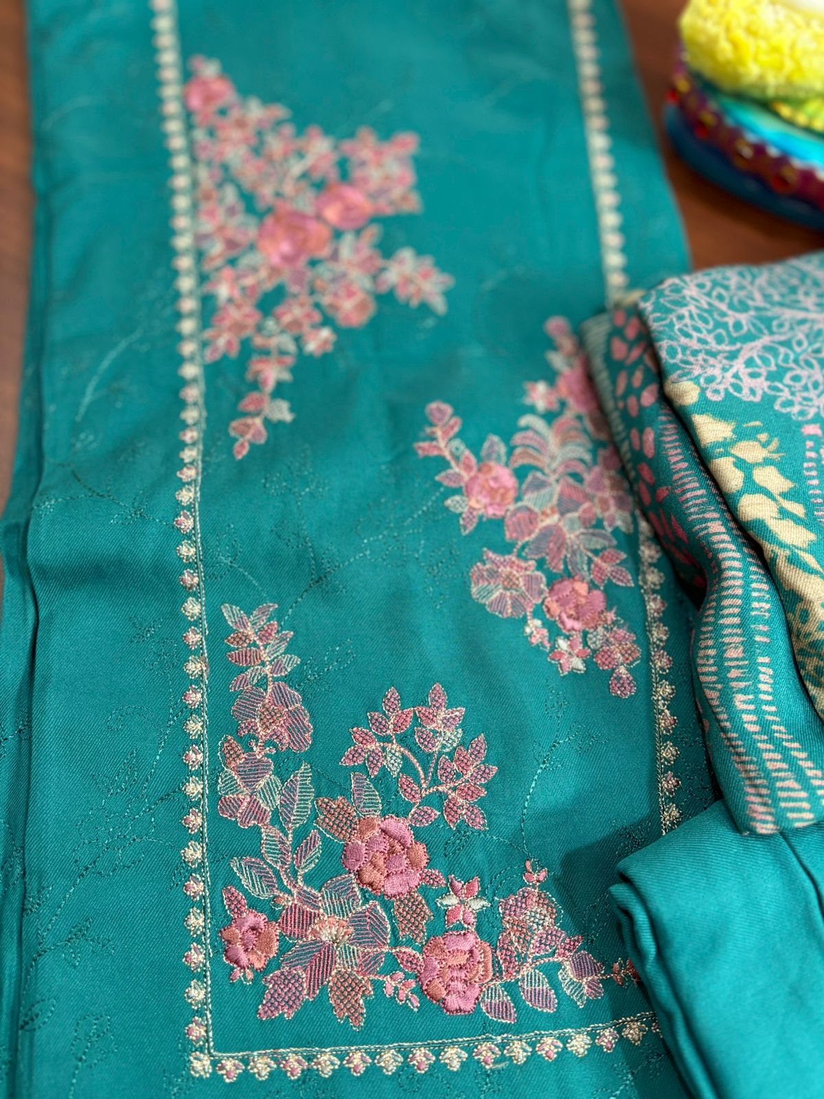 Sky Blue with Japanese Cherry Blossom | Three Piece |  Pashmina | Unstitched Woolen Suit Set